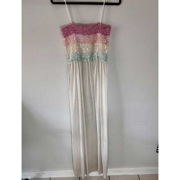 Vintage Y2K Pastel Sequins & Polyester White Dress Full Length Gown Elastic - Picture 9 of 13